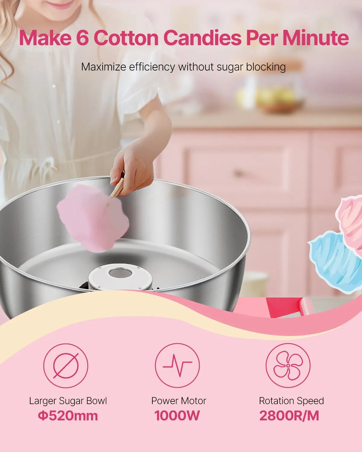 VEVOR Commercial Cotton Candy Machine with Cart Sugar Floss Maker 1000W Party