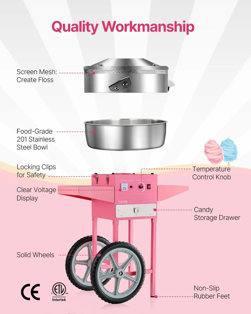 VEVOR Commercial Cotton Candy Machine with Cart Sugar Floss Maker 1000W Party