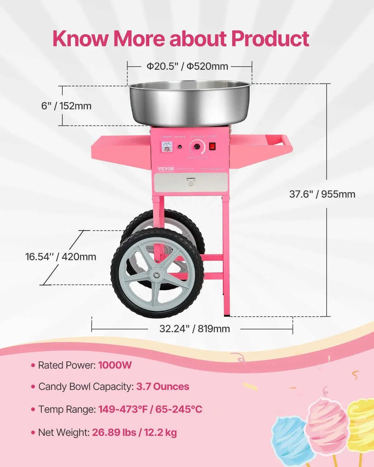 VEVOR Commercial Cotton Candy Machine with Cart Sugar Floss Maker 1000W Party