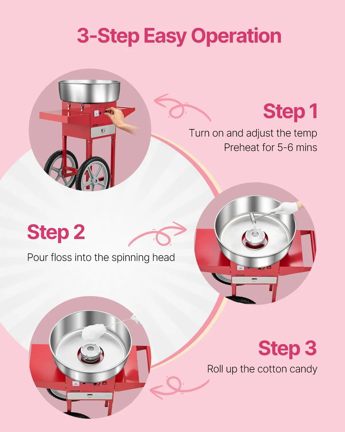 VEVOR Commercial Cotton Candy Machine with Cart Sugar Floss Maker 1000W Red