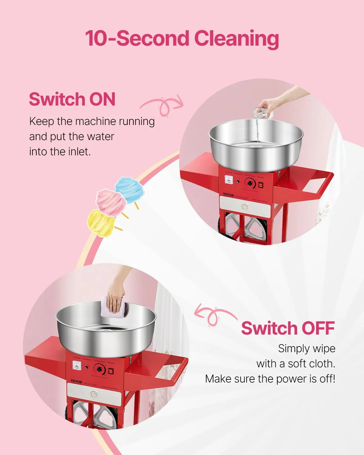 VEVOR Commercial Cotton Candy Machine with Cart Sugar Floss Maker 1000W Red