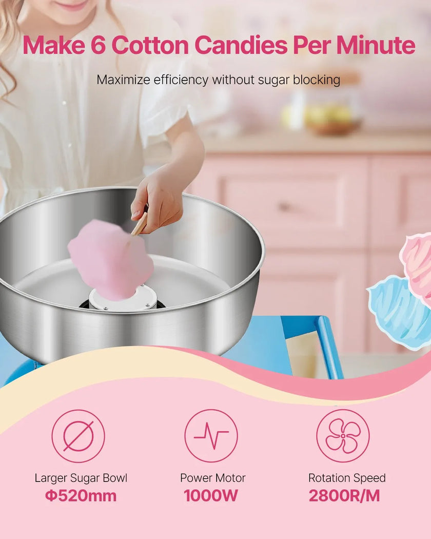 VEVOR Commercial Cotton Candy Machine with Cart Sugar Floss Maker 1000W Blue