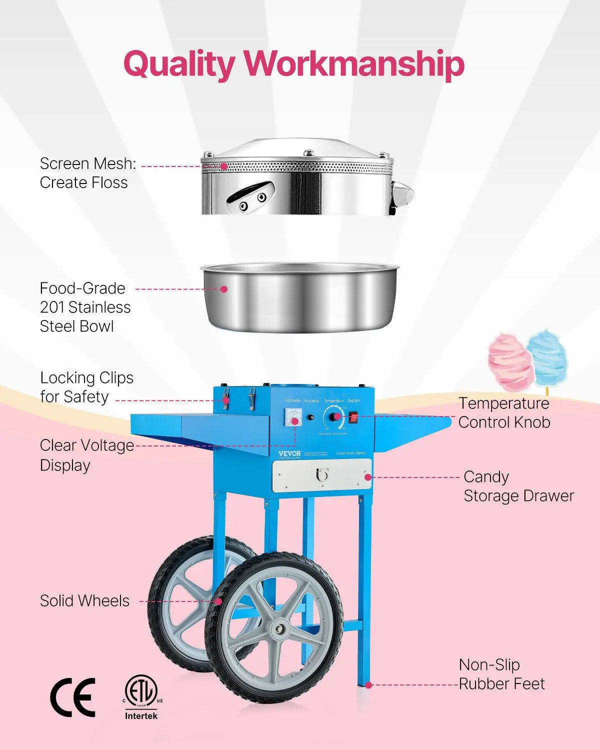 VEVOR Commercial Cotton Candy Machine with Cart Sugar Floss Maker 1000W Blue