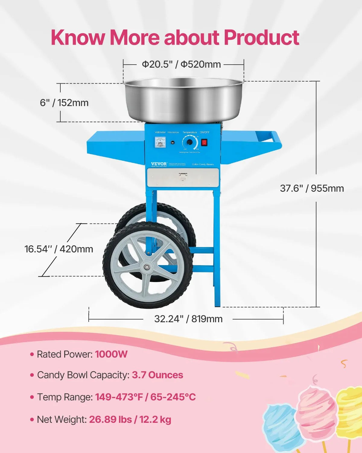 VEVOR Commercial Cotton Candy Machine with Cart Sugar Floss Maker 1000W Blue