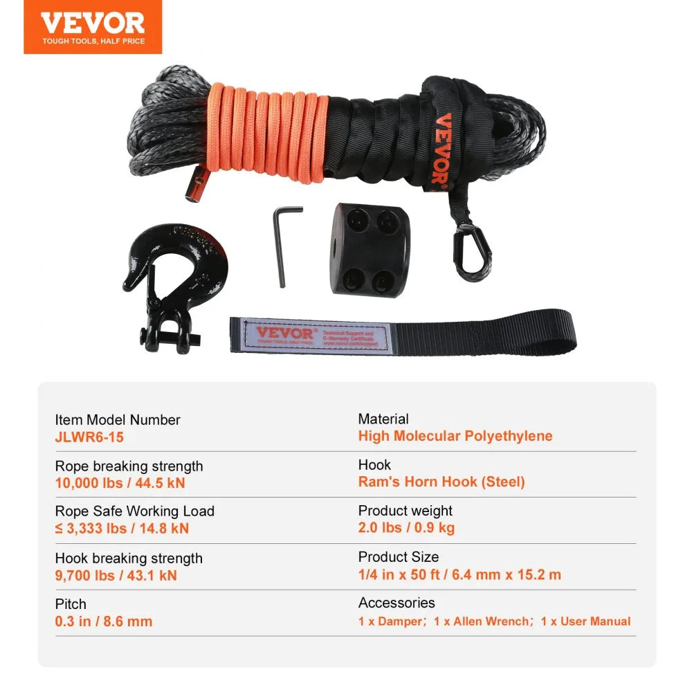 VEVOR Synthetic Winch Rope, 1/4 Inch x 50 Feet 10,000 lbs Synthetic Winch Line Cable Rope with Protective Sleeve + Stopper + Forged Winch Hook + Pull Strap, Fit for ATV, UTV, Small Vehicle, Pickup