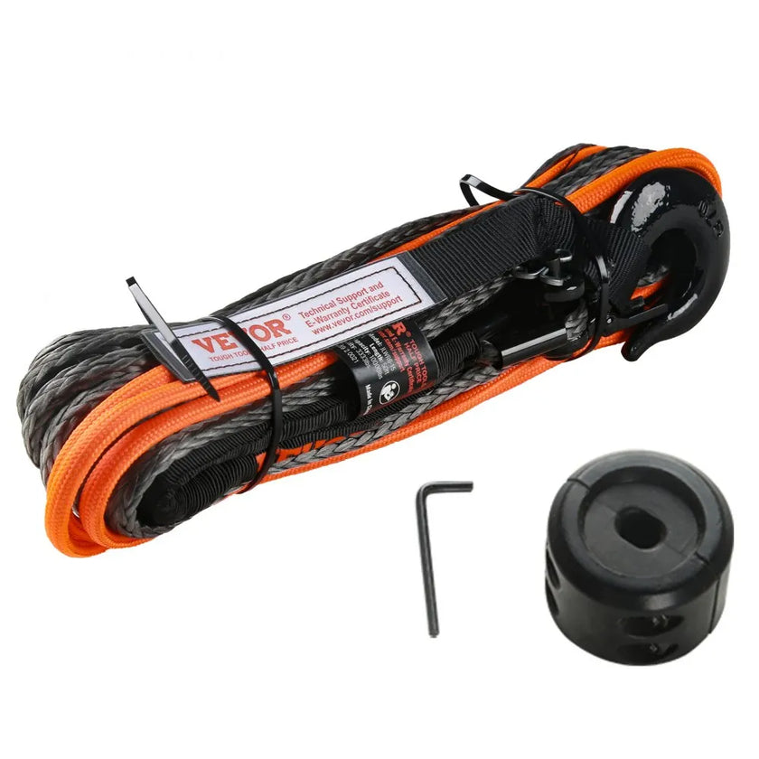VEVOR Synthetic Winch Rope, 1/4 Inch x 50 Feet 10,000 lbs Synthetic Winch Line Cable Rope with Protective Sleeve + Stopper + Forged Winch Hook + Pull Strap, Fit for ATV, UTV, Small Vehicle, Pickup
