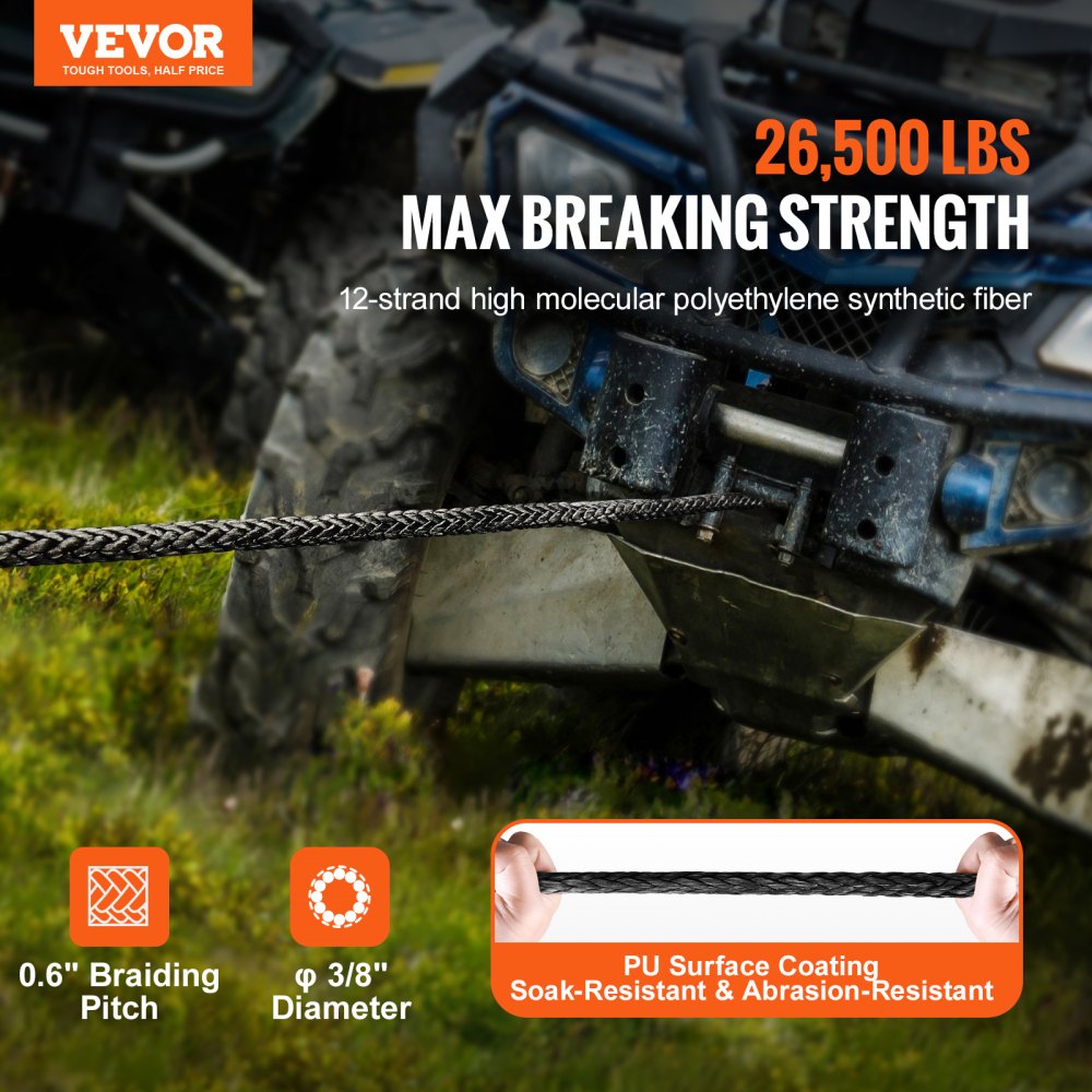 VEVOR Synthetic Winch Rope, 3/8 Inch x 100 Feet 26,500 lbs Synthetic Winch Line Cable Rope with Protective Sleeve + Forged Winch Hook + Pull Strap, Universal Fit for SUV, Large Off-Road Vehicle, Truck