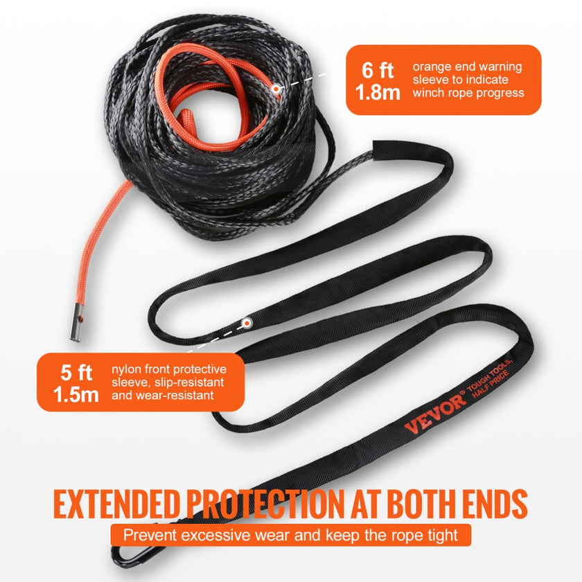 VEVOR Synthetic Winch Rope, 3/8 Inch x 100 Feet 26,500 lbs Synthetic Winch Line Cable Rope with Protective Sleeve + Forged Winch Hook + Pull Strap, Universal Fit for SUV, Large Off-Road Vehicle, Truck