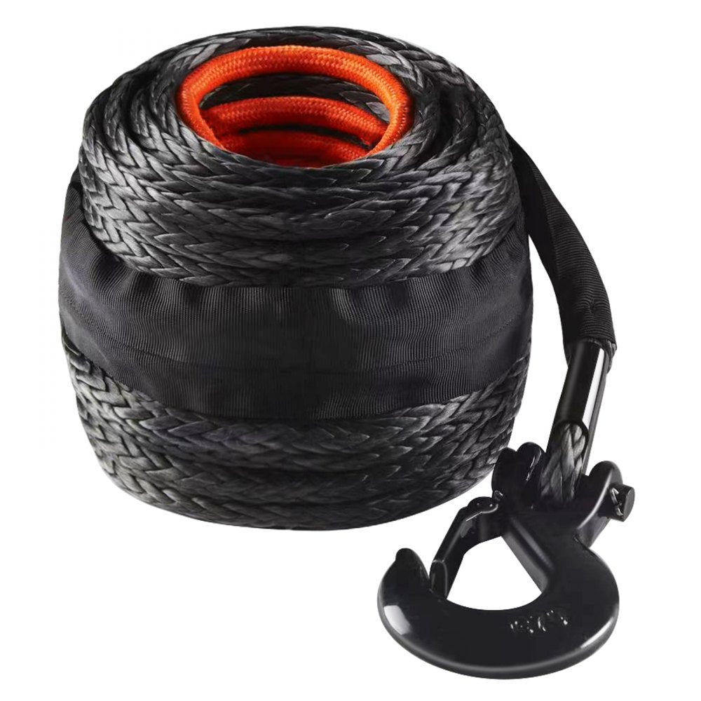 VEVOR Synthetic Winch Rope, 3/8 Inch x 100 Feet 26,500 lbs Synthetic Winch Line Cable Rope with Protective Sleeve + Forged Winch Hook + Pull Strap, Universal Fit for SUV, Large Off-Road Vehicle, Truck