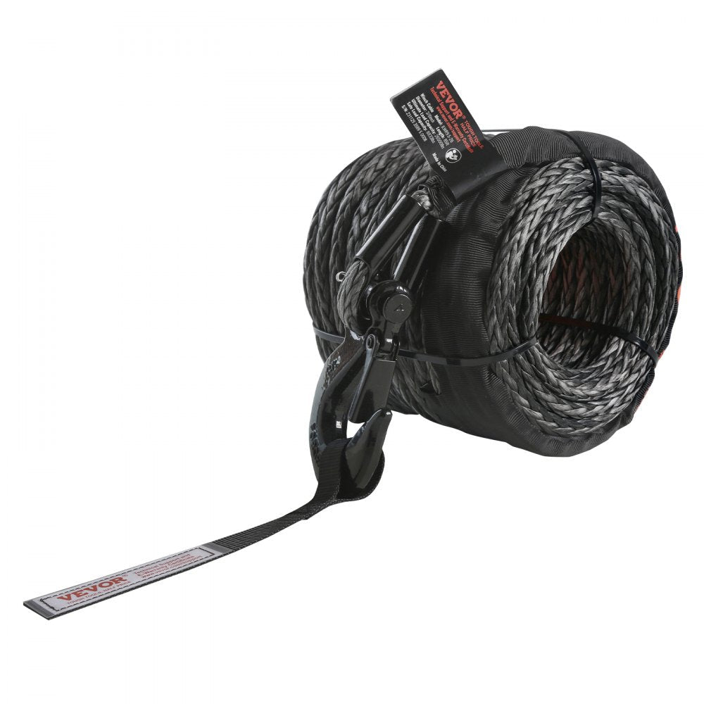 VEVOR Synthetic Winch Rope, 3/8 Inch x 100 Feet 26,500 lbs Synthetic Winch Line Cable Rope with Protective Sleeve + Forged Winch Hook + Pull Strap, Universal Fit for SUV, Large Off-Road Vehicle, Truck