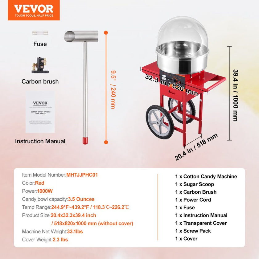 VEVOR Electric Cotton Candy Machine with Cart, 1000W Commercial Candy Floss Maker with Cover, Stainless Steel Bowl, Sugar Scoop and Drawer, Perfect for Home, Kids Birthday, Family Party, Red