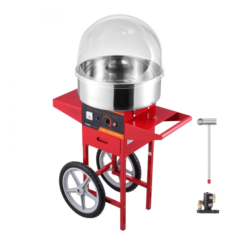 VEVOR Electric Cotton Candy Machine with Cart, 1000W Commercial Candy Floss Maker with Cover, Stainless Steel Bowl, Sugar Scoop and Drawer, Perfect for Home, Kids Birthday, Family Party, Red