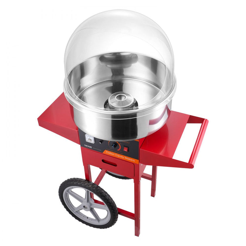VEVOR Electric Cotton Candy Machine with Cart, 1000W Commercial Candy Floss Maker with Cover, Stainless Steel Bowl, Sugar Scoop and Drawer, Perfect for Home, Kids Birthday, Family Party, Red