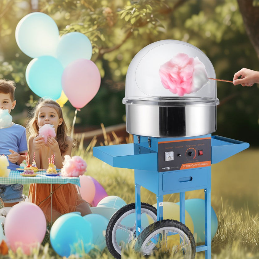VEVOR Electric Cotton Candy Machine with Cart, 1000W Commercial Candy Floss Maker with Cover, Stainless Steel Bowl, Sugar Scoop and Drawer, Perfect for Home, Kids Birthday, Family Party, Blue