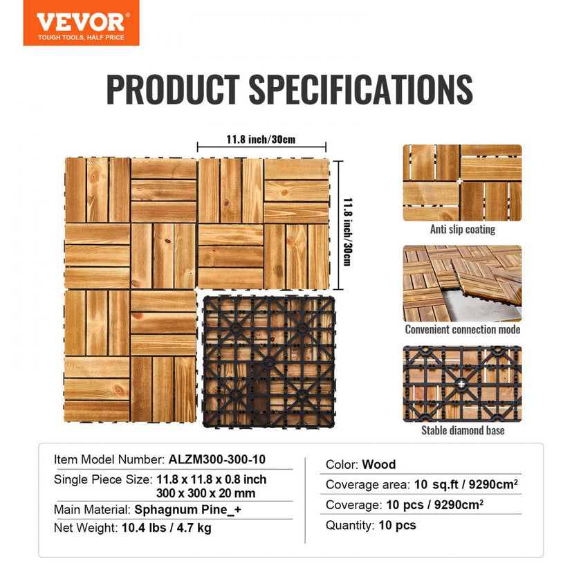 VEVOR Interlocking Deck Tiles Solid Wood 10 Pack 12