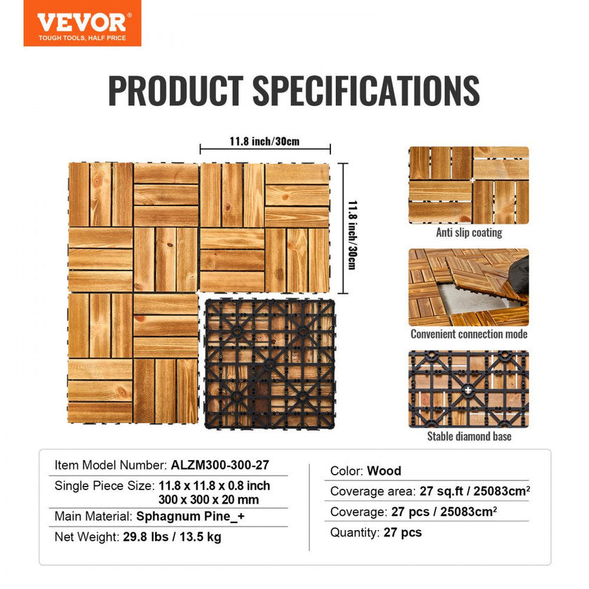 VEVOR Interlocking Deck Tiles Solid Wood 27 Pack 12