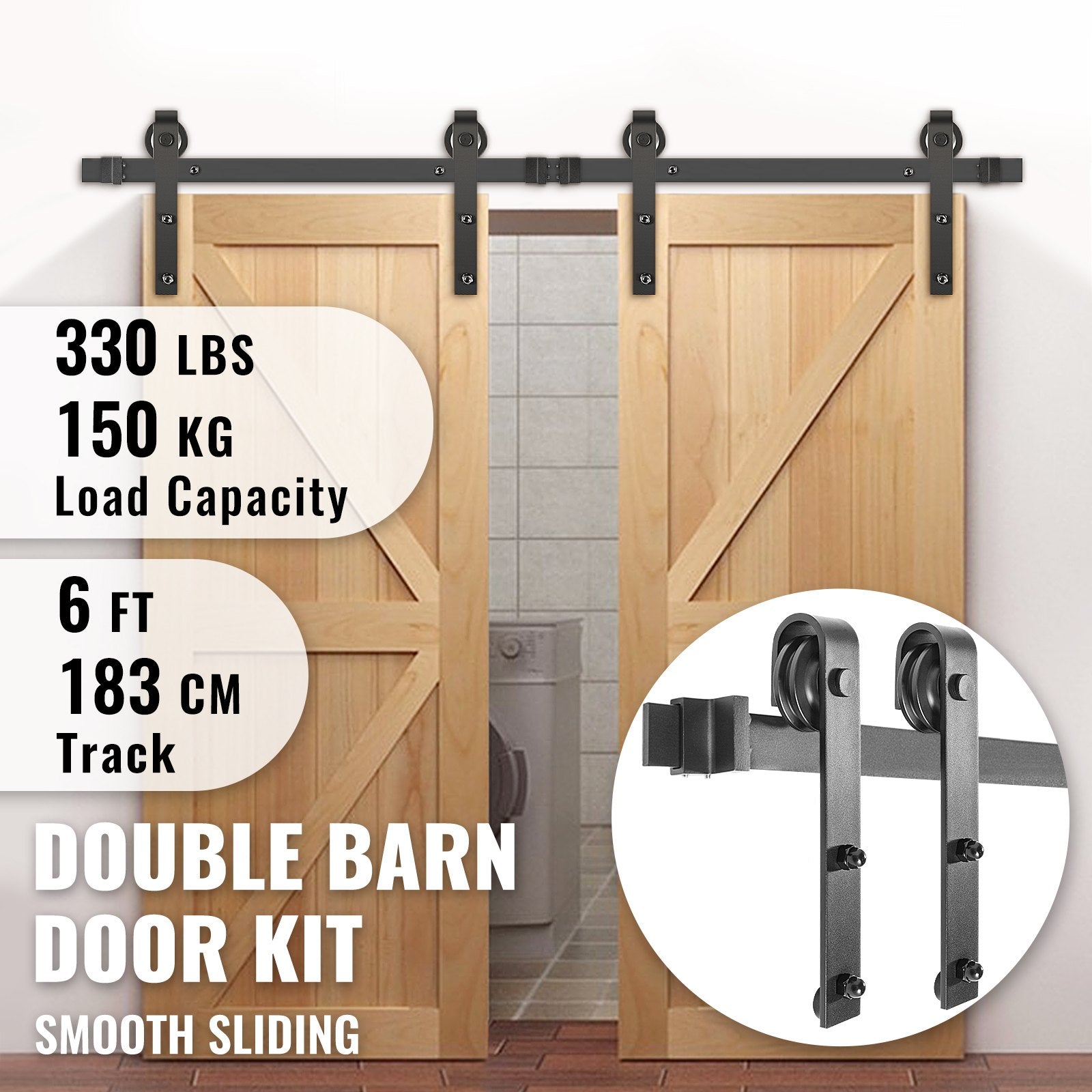VEVOR Sliding Barn Door Hardware Kit, 6FT Barn Door Kit, 330LBS Load-Bearing Double Barn Door Hardware Kit, Carbon Steel Barn Door Track, Darn Door for 1.57-1.77