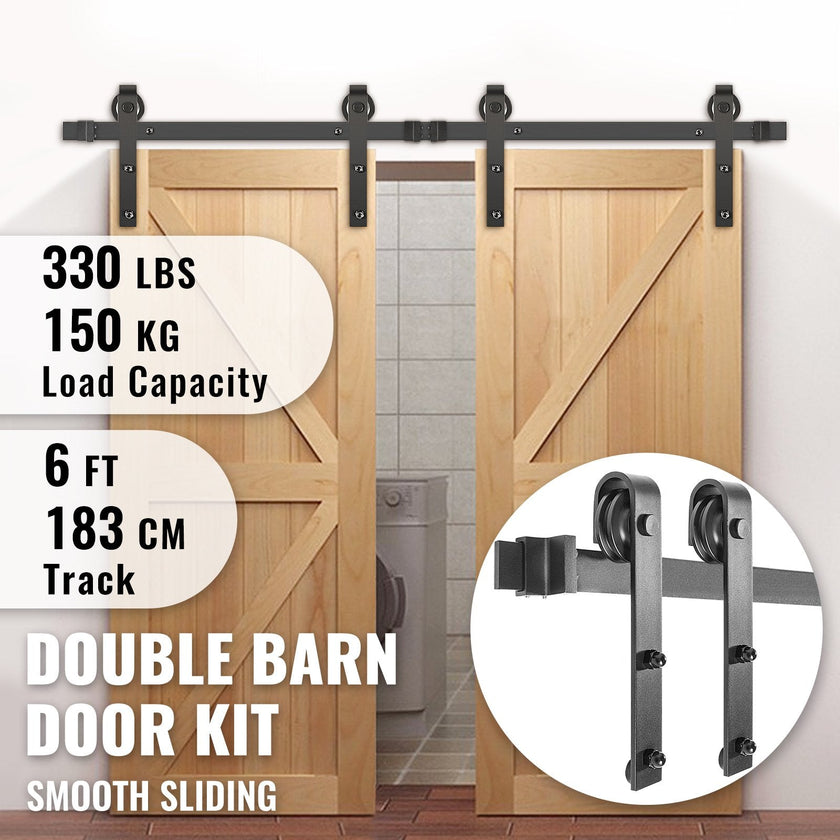 VEVOR Sliding Barn Door Hardware Kit, 6FT Barn Door Kit, 330LBS Load-Bearing Double Barn Door Hardware Kit, Carbon Steel Barn Door Track, Darn Door for 1.57-1.77