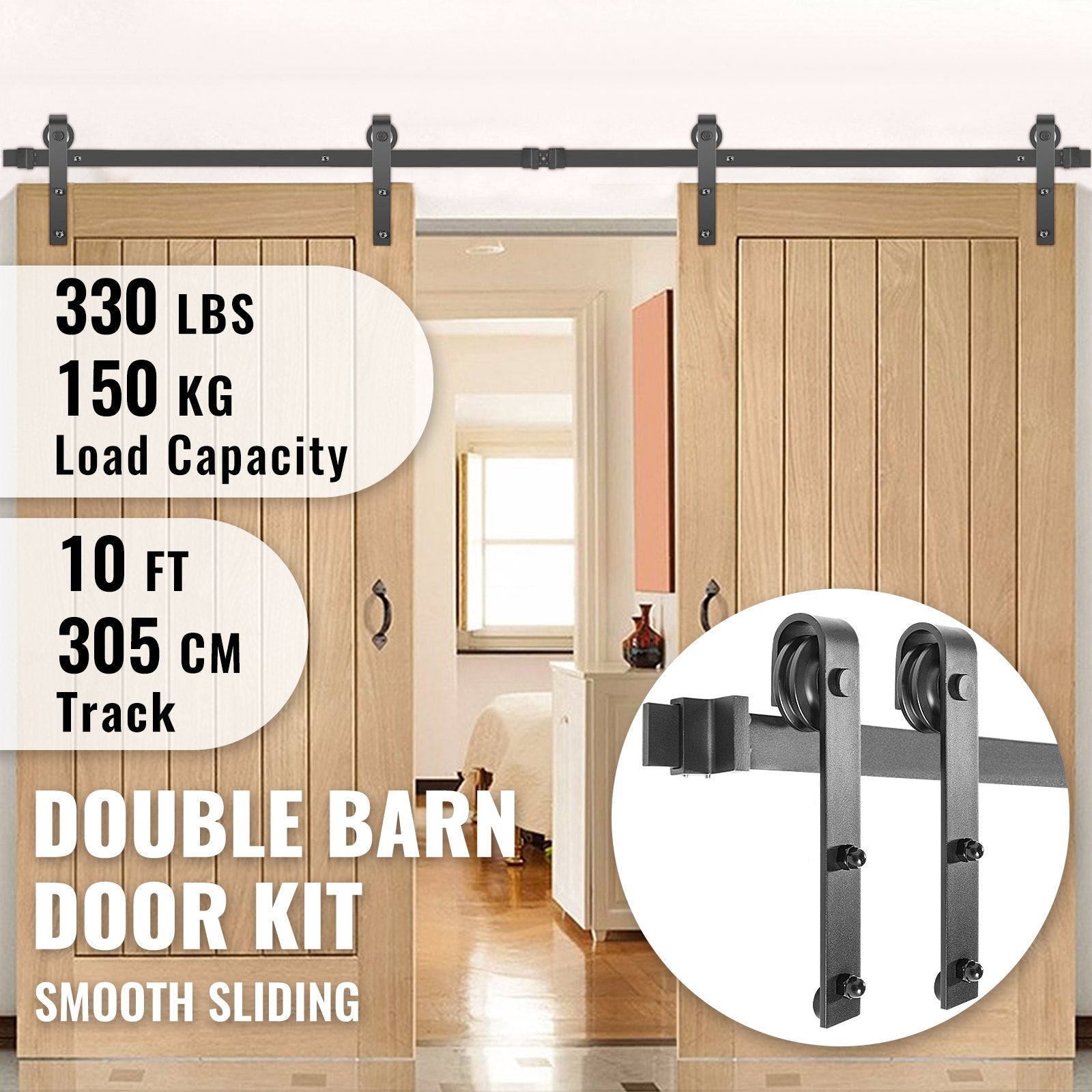 VEVOR Sliding Barn Door Hardware Kit, 10FT Barn Door Kit, 330LBS Load-Bearing Double Barn Door Hardware Kit, Carbon Steel Barn Door Track, Darn Door for 1.37-1.77\