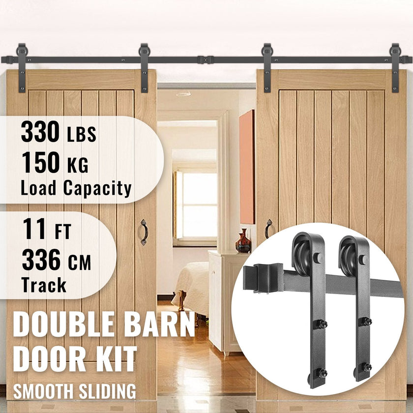 VEVOR Sliding Barn Door Hardware Kit, 9FT Barn Door Kit, 330LBS Load-Bearing Double Barn Door Hardware Kit, Carbon Steel Barn Door Track, Darn Door for 1.37-1.77\