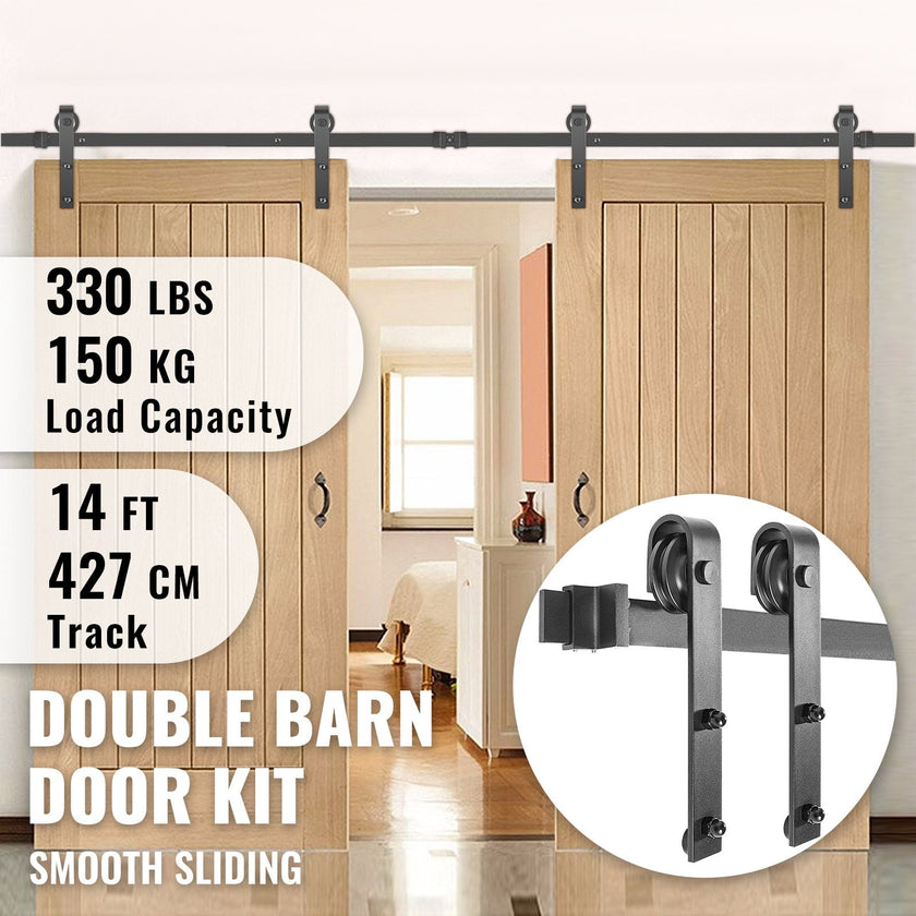 VEVOR Sliding Barn Door Hardware Kit, 14FT Barn Door Kit, 330LBS Load-Bearing Double Barn Door Hardware Kit, Carbon Steel Barn Door Track, Darn Door for 1.37-1.77\