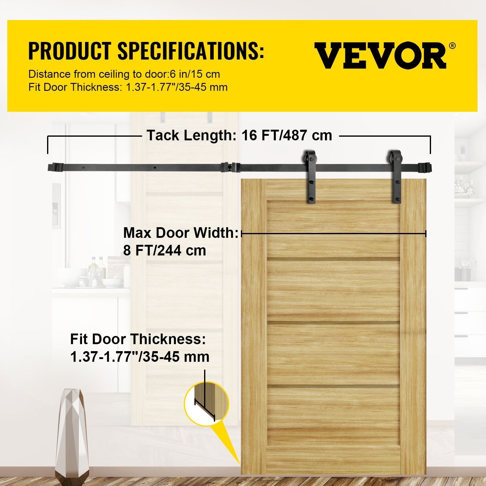 VEVOR Sliding Barn Door Hardware Kit, 16FT Barn Door Kit, 330LBS Load-Bearing Double Barn Door Hardware Kit, Carbon Steel Barn Door Track, Darn Door for 1.37-1.77\