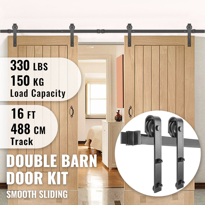 VEVOR Sliding Barn Door Hardware Kit, 16FT Barn Door Kit, 330LBS Load-Bearing Double Barn Door Hardware Kit, Carbon Steel Barn Door Track, Darn Door for 1.37-1.77\