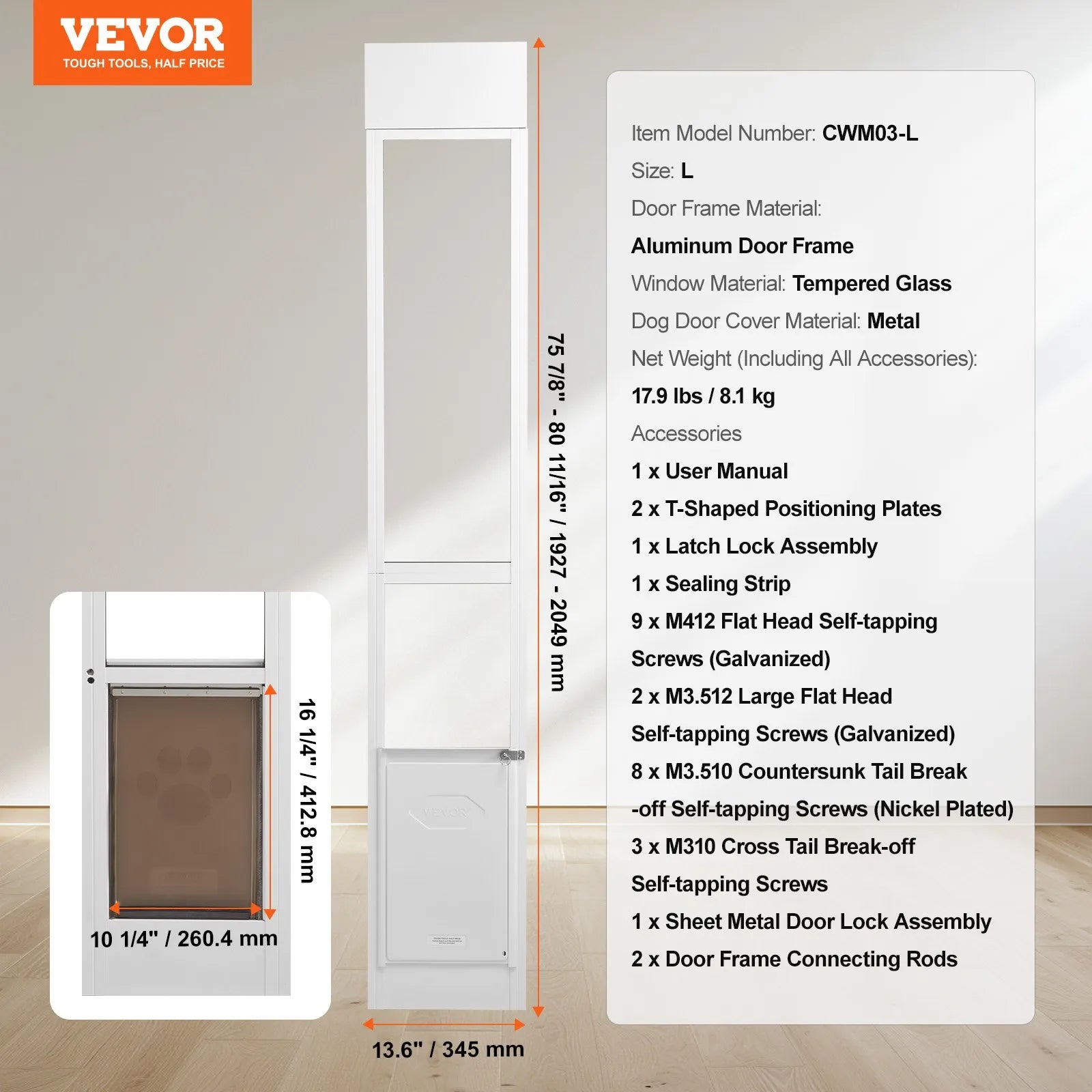 VEVOR Dog Door for Sliding Glass Door 75 7/8