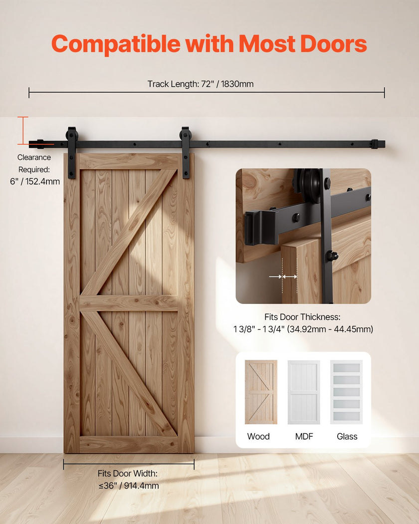 VEVOR 6FT Sliding Barn Door Hardware Kit for Single Sliding Barn Door Black