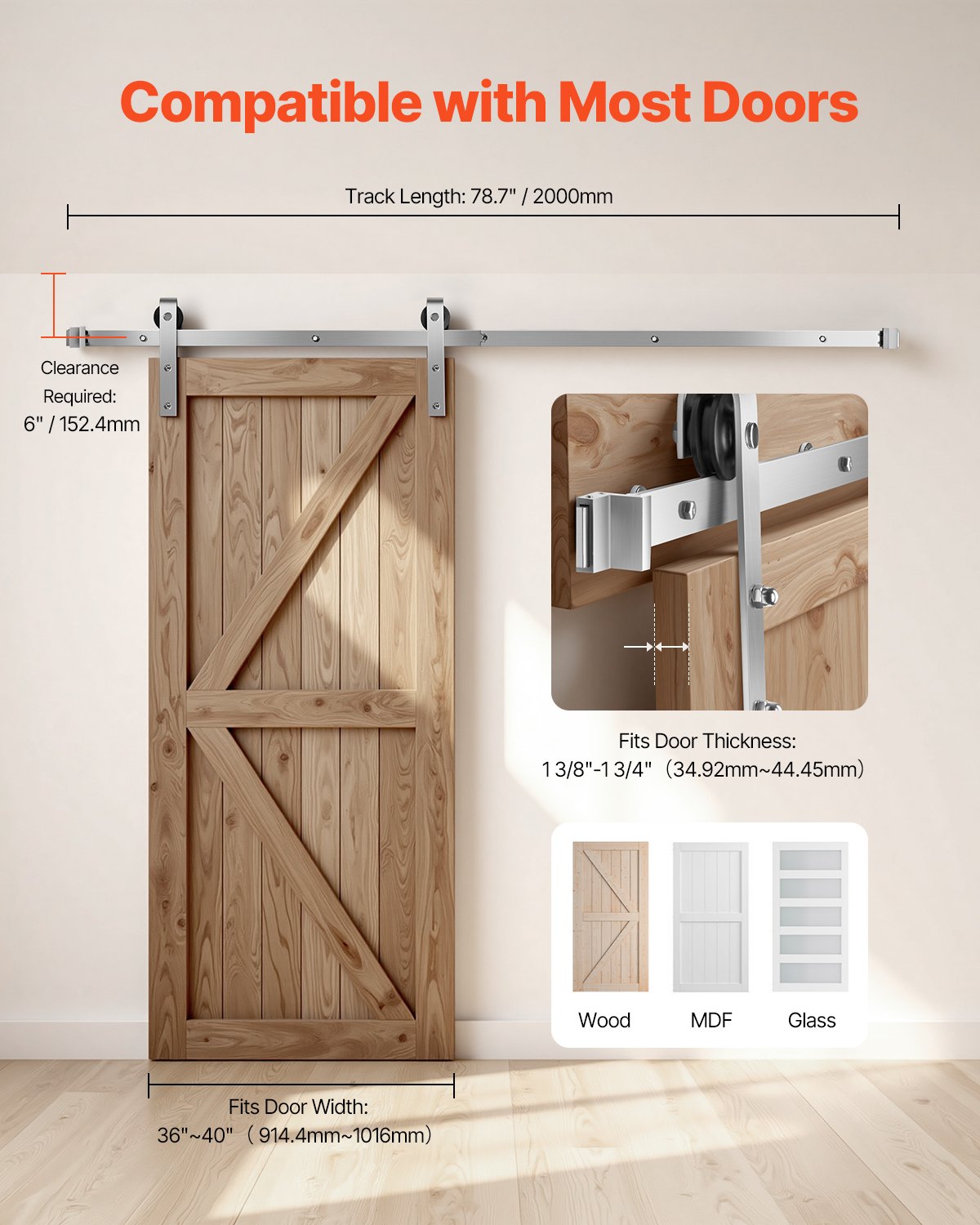 VEVOR 6.6FT Sliding Barn Door Hardware Kit for Single Sliding Barn Door Silver