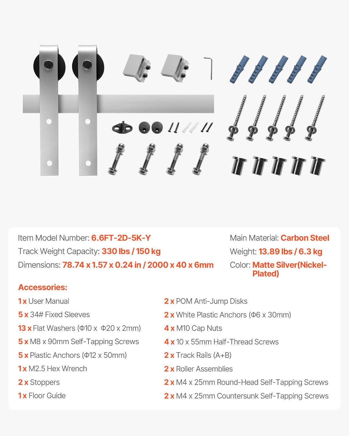 VEVOR 6.6FT Sliding Barn Door Hardware Kit for Single Sliding Barn Door Silver