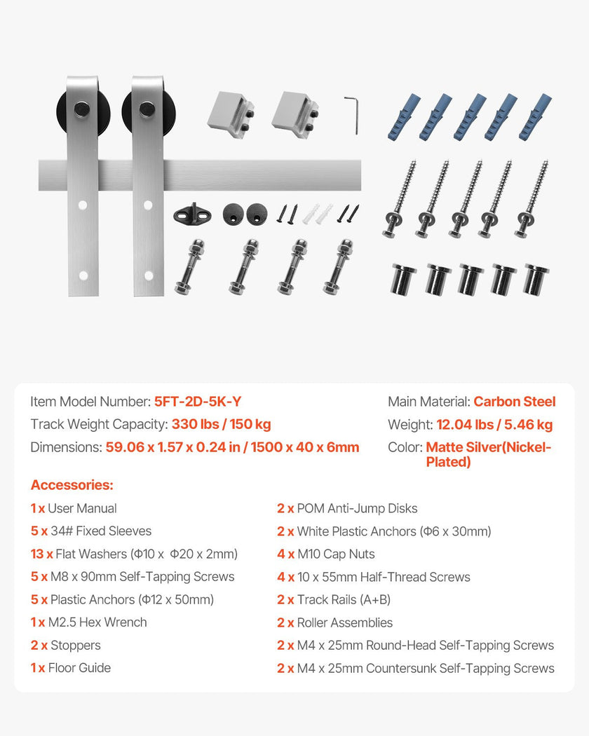 VEVOR 5FT Sliding Barn Door Hardware Kit for Single Sliding Barn Door Silver