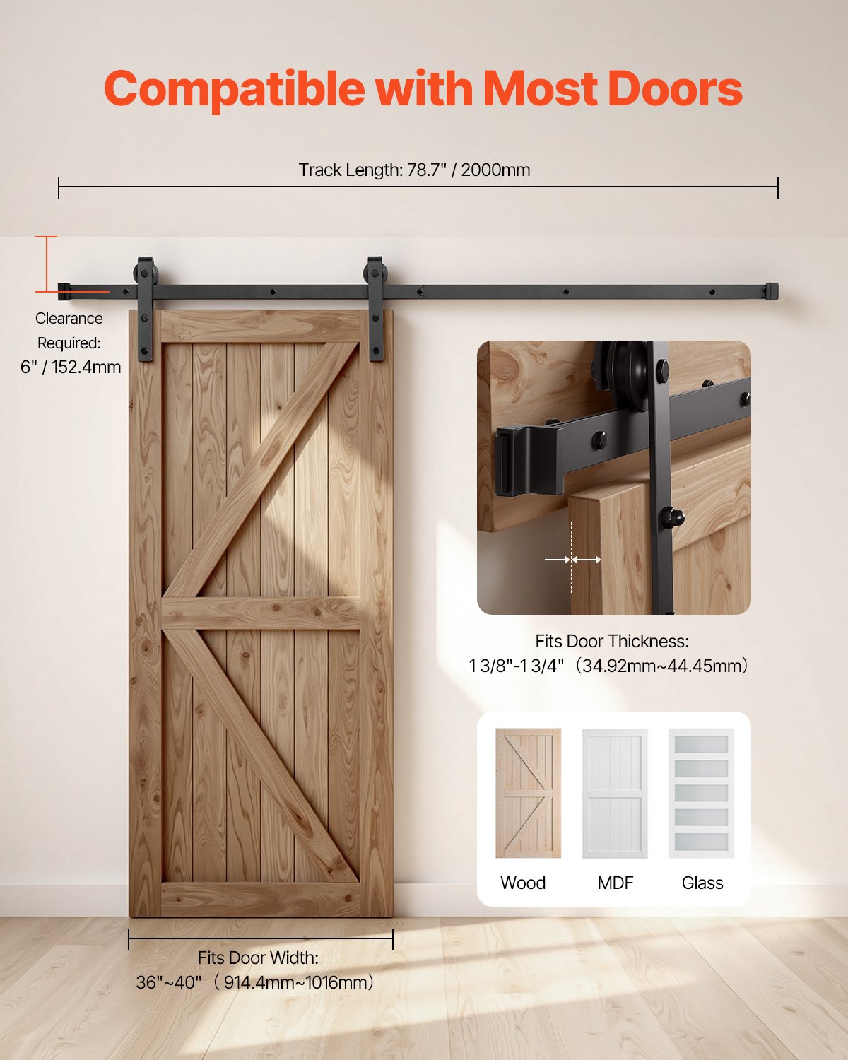 VEVOR 6.6FT Sliding Barn Door Hardware Kit for Single Sliding Barn Door Black