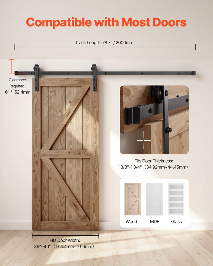 VEVOR 6.6FT Sliding Barn Door Hardware Kit for Single Sliding Barn Door Black