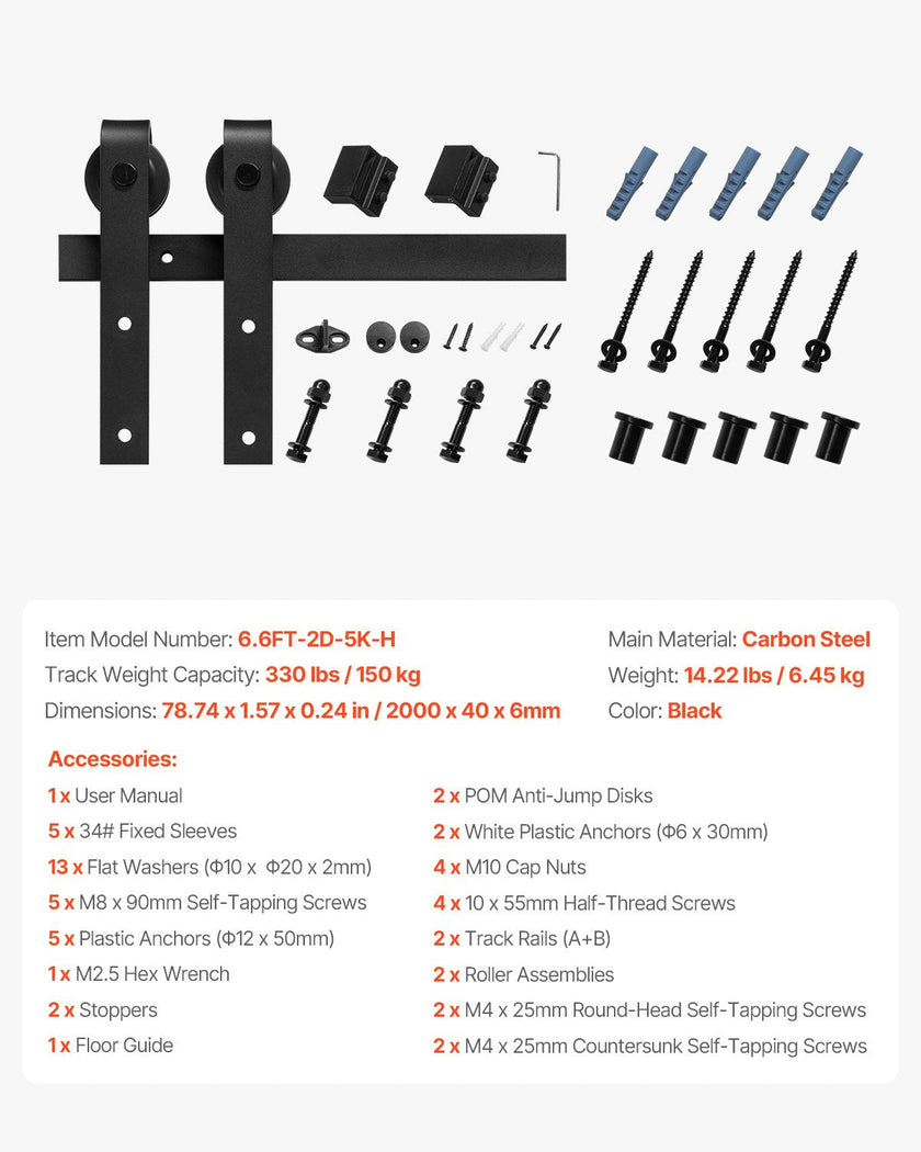 VEVOR 6.6FT Sliding Barn Door Hardware Kit for Single Sliding Barn Door Black