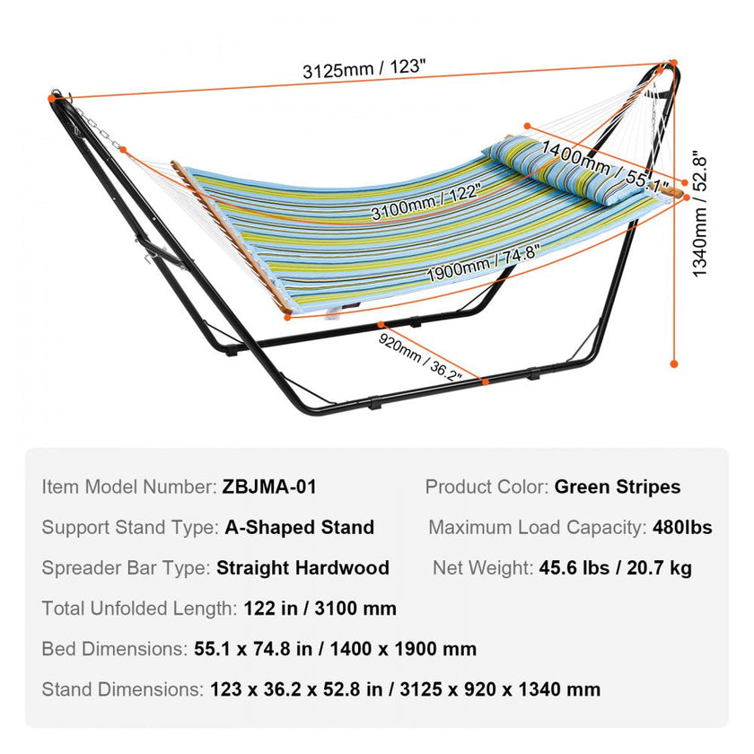 VEVOR Two Person Hammock with Stand Included Heavy Duty 480lb Capacity, Double Hammock with Portable Steel Stand and Carrying Bag and Pillow, Freestanding Hammock for Outdoor Patio Yard Beach