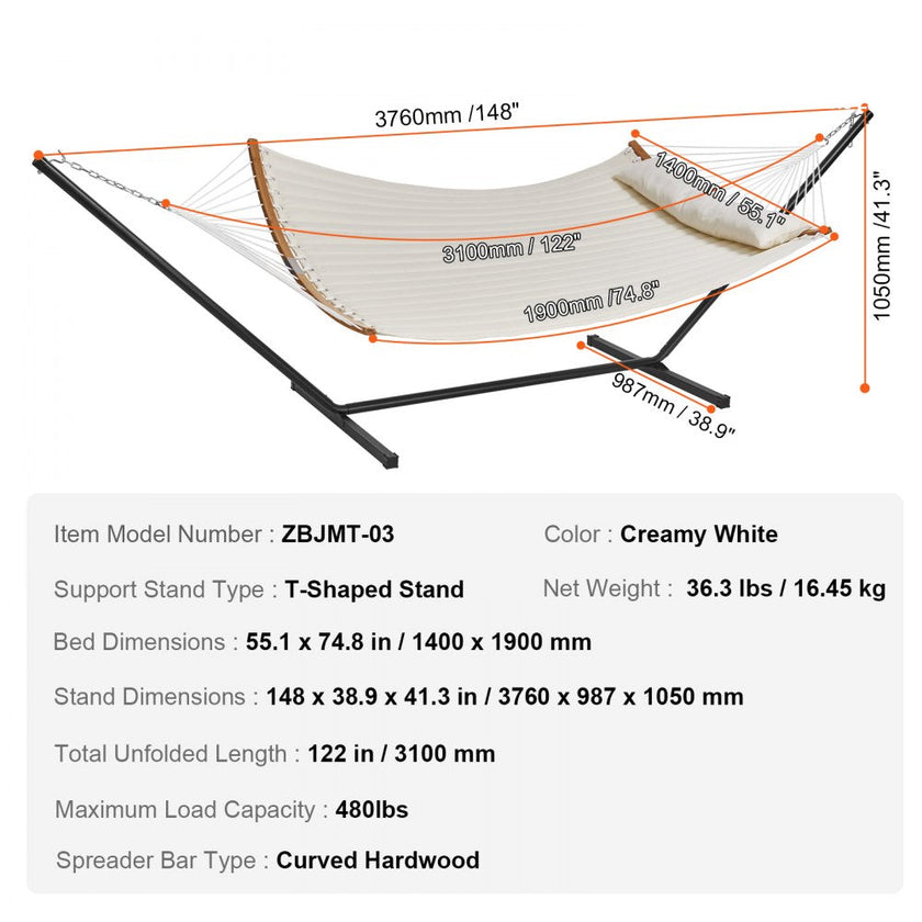 VEVOR Two Person Hammock with Stand Included, Double Hammock with Curved Spreader Bar and Detachable Pillow and Portable Carrying Bag, Perfect for Outdoor Freestanding Hammock, 480lb Capacity