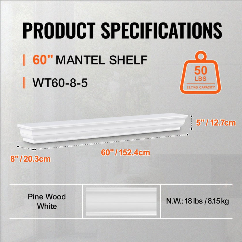 VEVOR Fireplace Mantel Wood Shelf Floating Living Room Mantel Shelf 60
