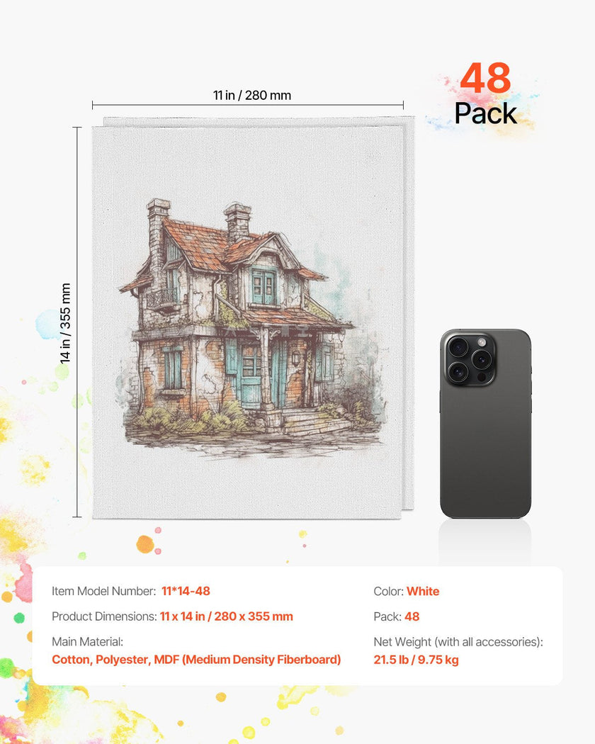 VEVOR Canvas Boards for Painting 48 Pack 11 x 14 Inch Blank Canvases for Painting