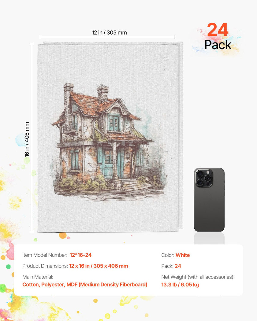 VEVOR Canvas Boards for Painting 24 Pack 12 x 16 Inch Blank Canvases for Painting