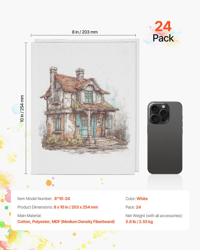 VEVOR Canvas Boards for Painting 24 Pack 8 x 10 Inch Blank Canvases for Painting