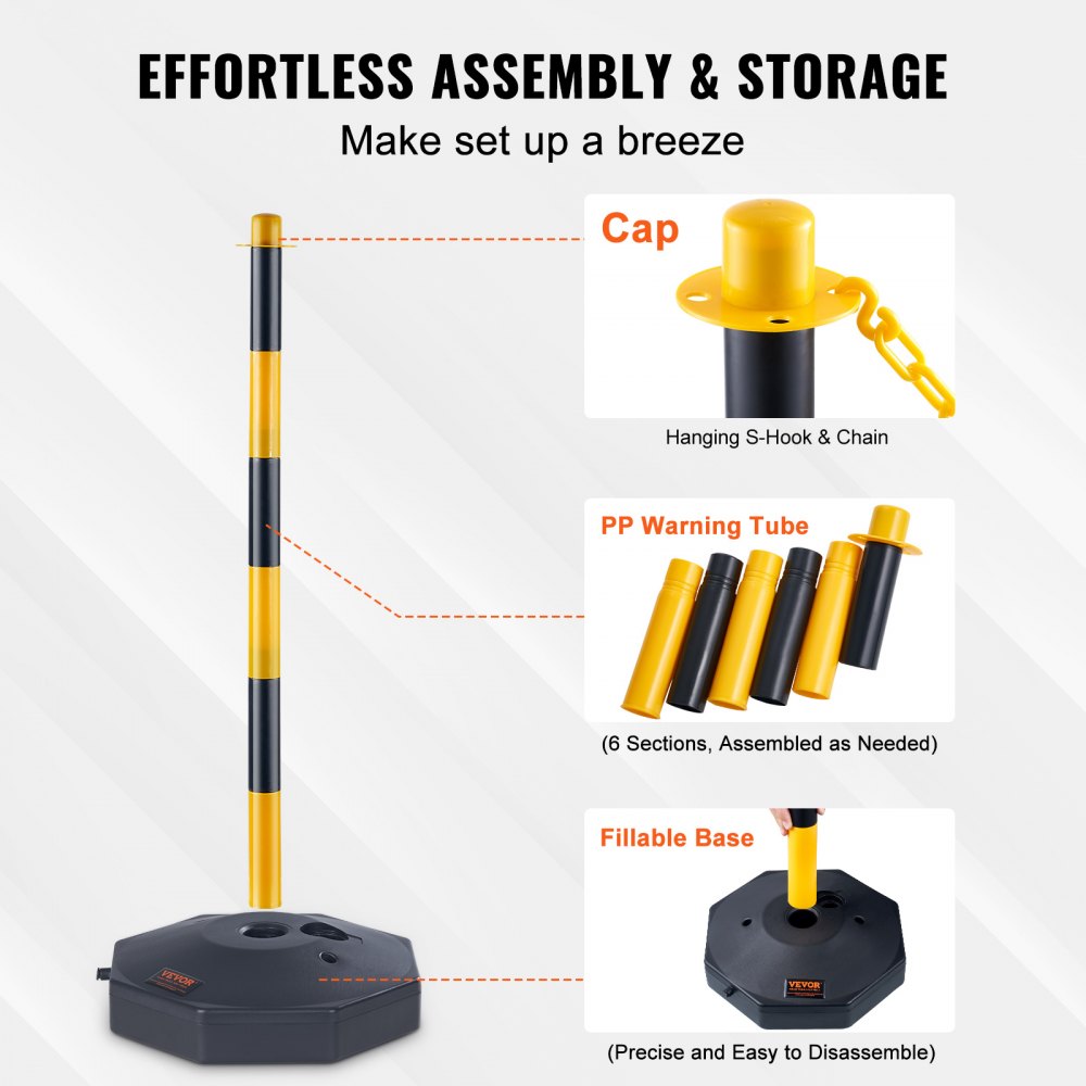 VEVOR Adjustable Traffic Delineator Post Cones, 2 Pack, Traffic Safety Delineator Barrier with Fillable Base 8FT Chain, for Traffic Control Warning Parking Lot Construction Caution Roads, Yellow&Black
