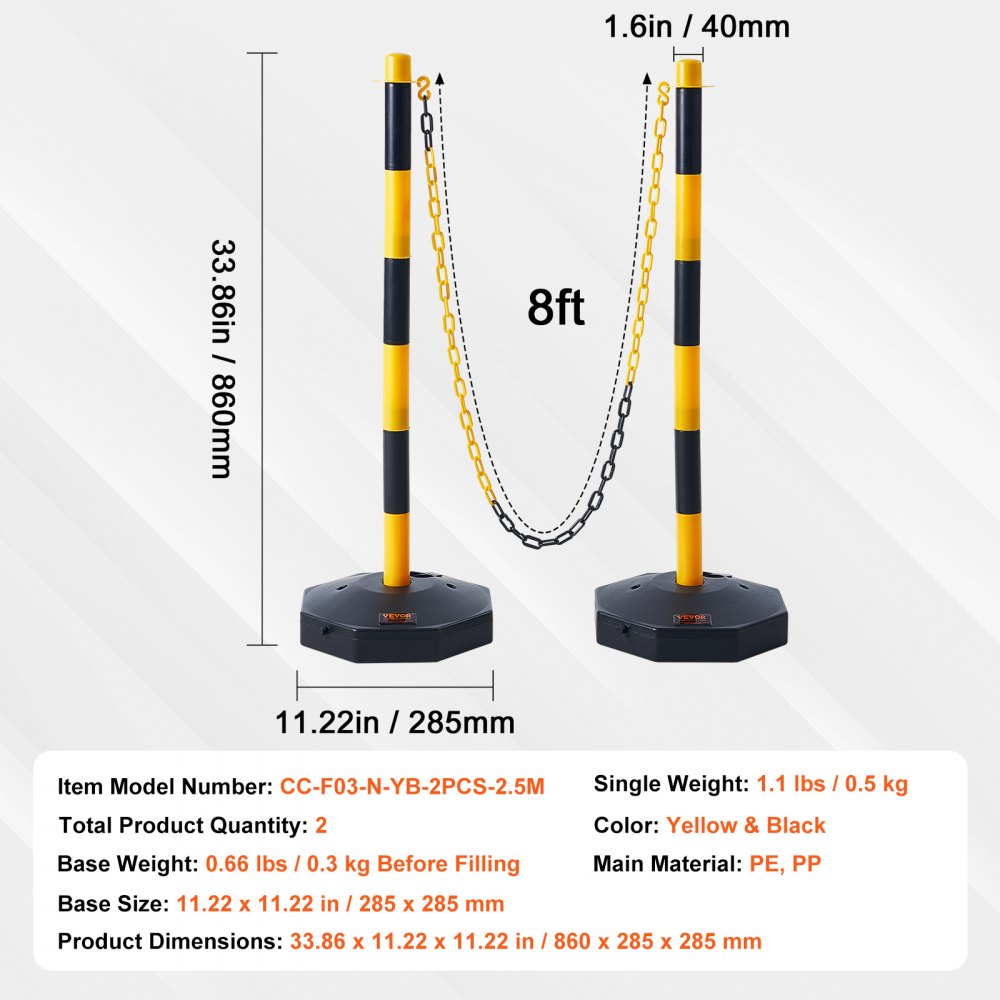 VEVOR Adjustable Traffic Delineator Post Cones, 2 Pack, Traffic Safety Delineator Barrier with Fillable Base 8FT Chain, for Traffic Control Warning Parking Lot Construction Caution Roads, Yellow&Black