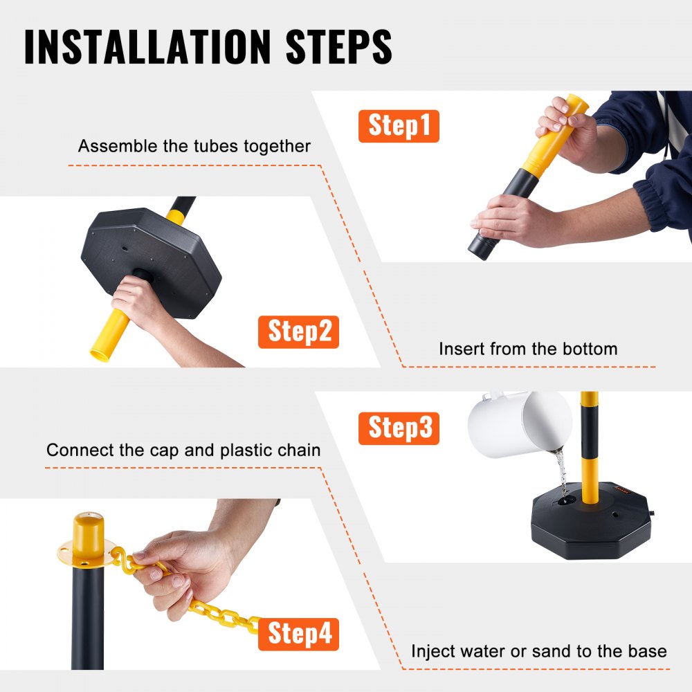 VEVOR Adjustable Traffic Delineator Post Cones, 6 Pack, Traffic Safety Delineator Barrier with Fillable Base 8FT Chain, for Traffic Control Warning Parking Lot Construction Caution Roads, Yellow&Black