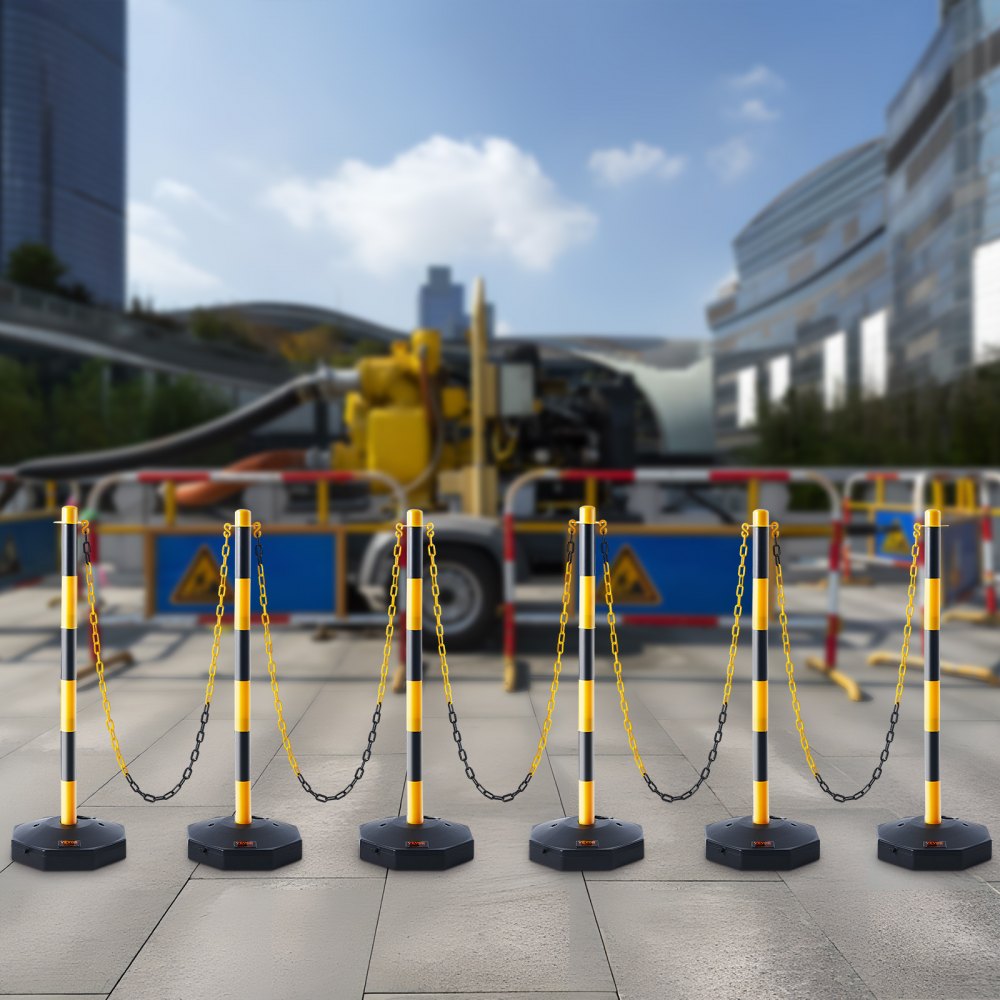 VEVOR Adjustable Traffic Delineator Post Cones, 6 Pack, Traffic Safety Delineator Barrier with Fillable Base 8FT Chain, for Traffic Control Warning Parking Lot Construction Caution Roads, Yellow&Black
