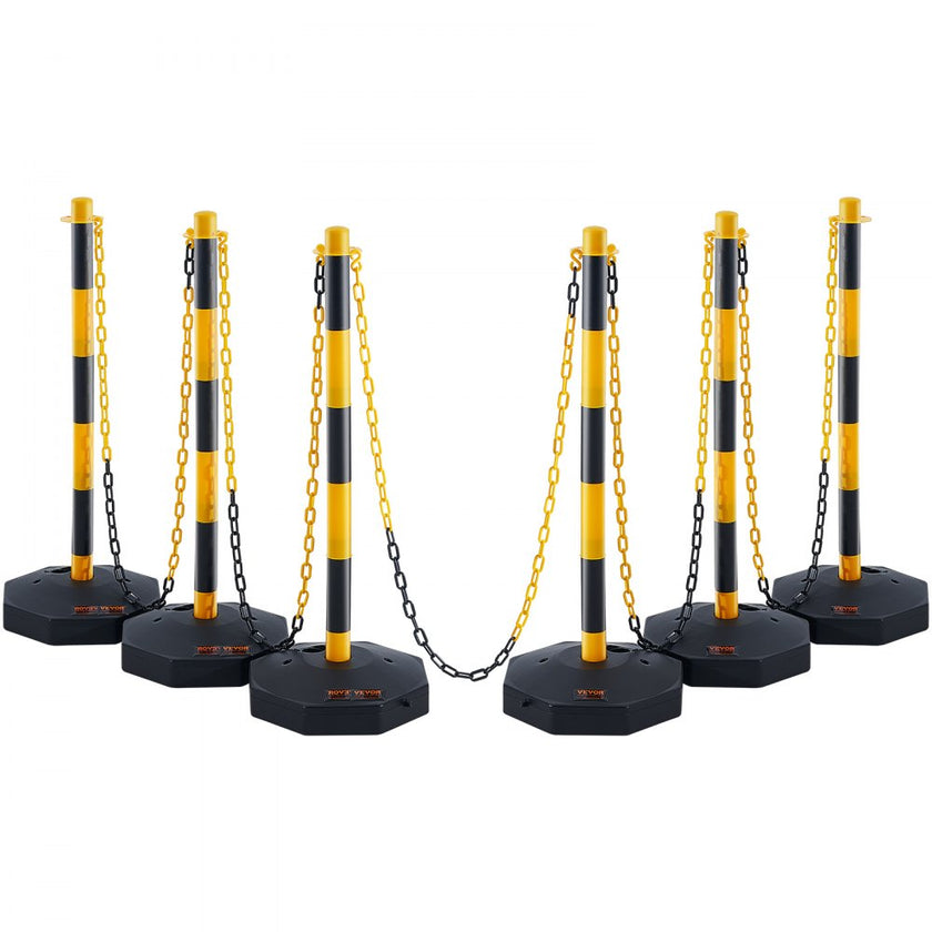 VEVOR Adjustable Traffic Delineator Post Cones, 6 Pack, Traffic Safety Delineator Barrier with Fillable Base 8FT Chain, for Traffic Control Warning Parking Lot Construction Caution Roads, Yellow&Black