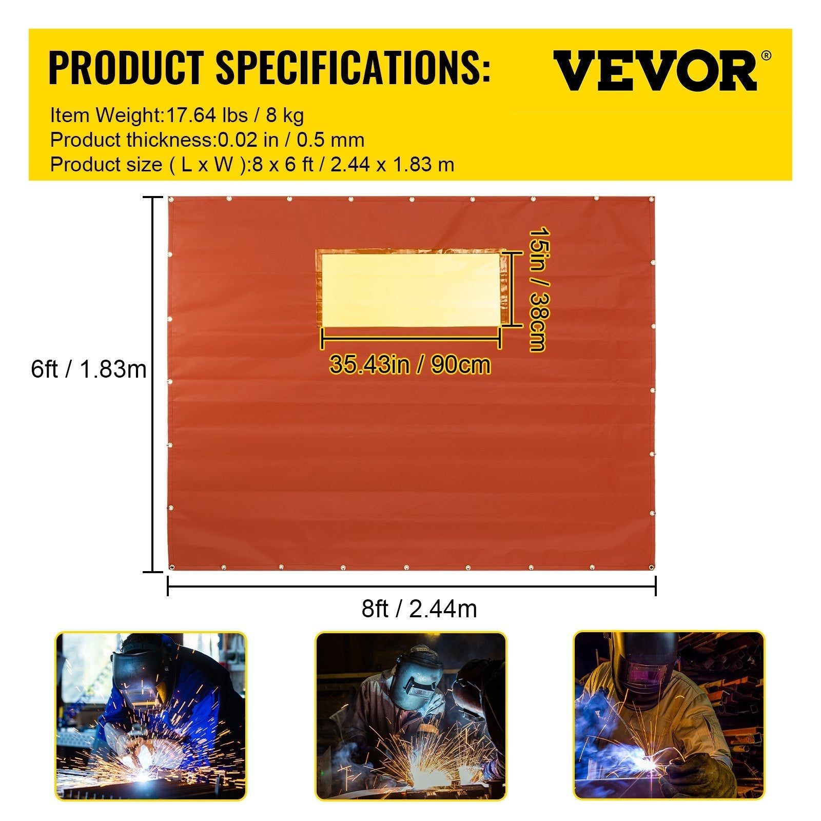 VEVOR Welding Curtain, 6' x 8', Welding Screen with Metal Frame & 4 Wheels, Fireproof Fiberglass w/ Transparent Window, for Workshop, Industrial Site, Red