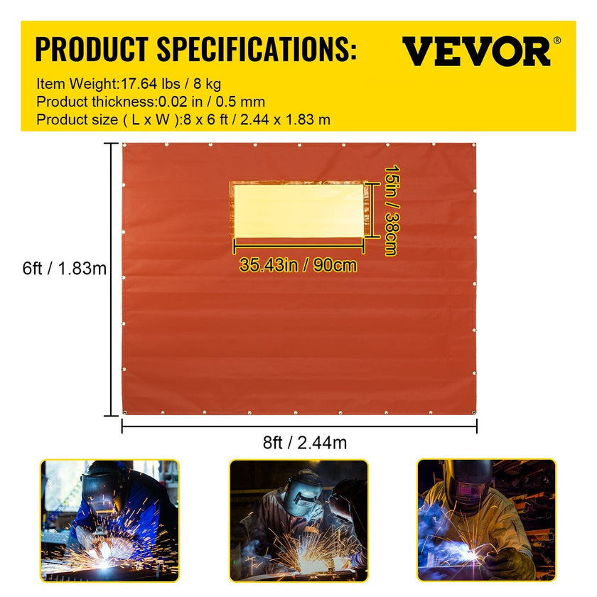 VEVOR Welding Curtain, 6' x 8', Welding Screen with Metal Frame & 4 Wheels, Fireproof Fiberglass w/ Transparent Window, for Workshop, Industrial Site, Red