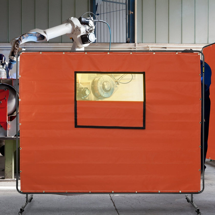 VEVOR Welding Curtain, 6' x 8', Welding Screen with Metal Frame & 4 Wheels, Fireproof Fiberglass w/ Transparent Window, for Workshop, Industrial Site, Red