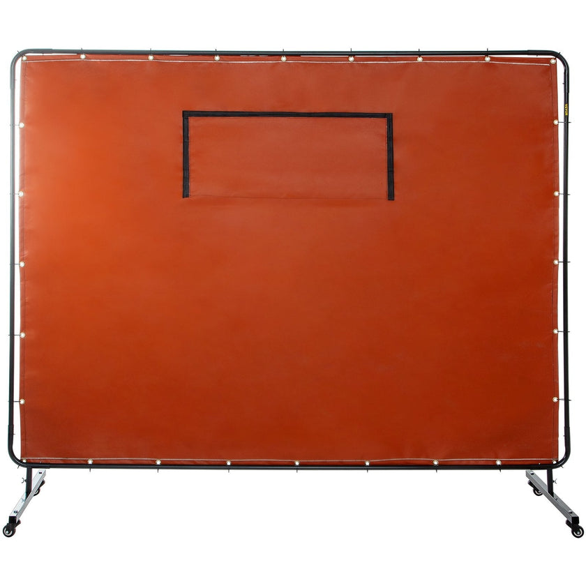 VEVOR Welding Curtain, 6' x 8', Welding Screen with Metal Frame & 4 Wheels, Fireproof Fiberglass w/ Transparent Window, for Workshop, Industrial Site, Red
